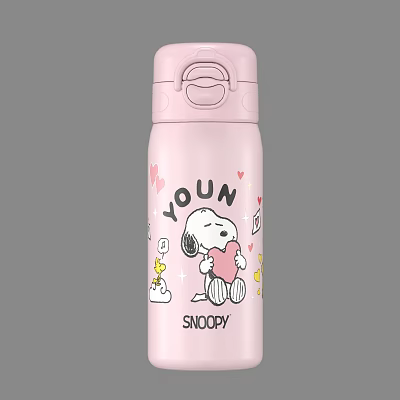 Pink Insulated Water Bottle Featuring Snoopy Young Design Heart Patterns And Carry Handle 3d model