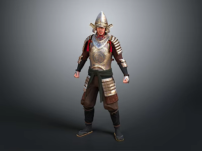 Game Movie Character Ancient Warrior Wearing Metallic Armor And Helmet Standing Pose 3d model