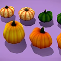 Various Colored Whole And Sliced Pumpkins Arranged On Purple Background