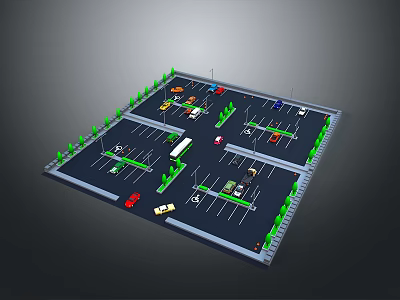 Scenic Landscaped Parking Lot Featuring Perimeter Greenery And Multiple Parked Vehicles 3d model