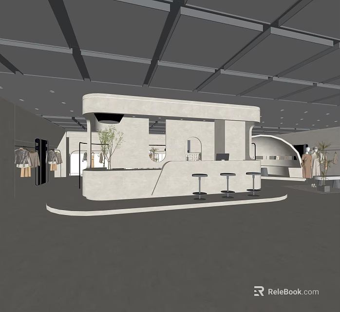 Modern Clothing Store Interior Design With Bar Counter Stools And Clothing Displays 3d model 