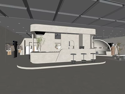 Modern Clothing Store Interior Design With Bar Counter Stools And Clothing Displays 3d model