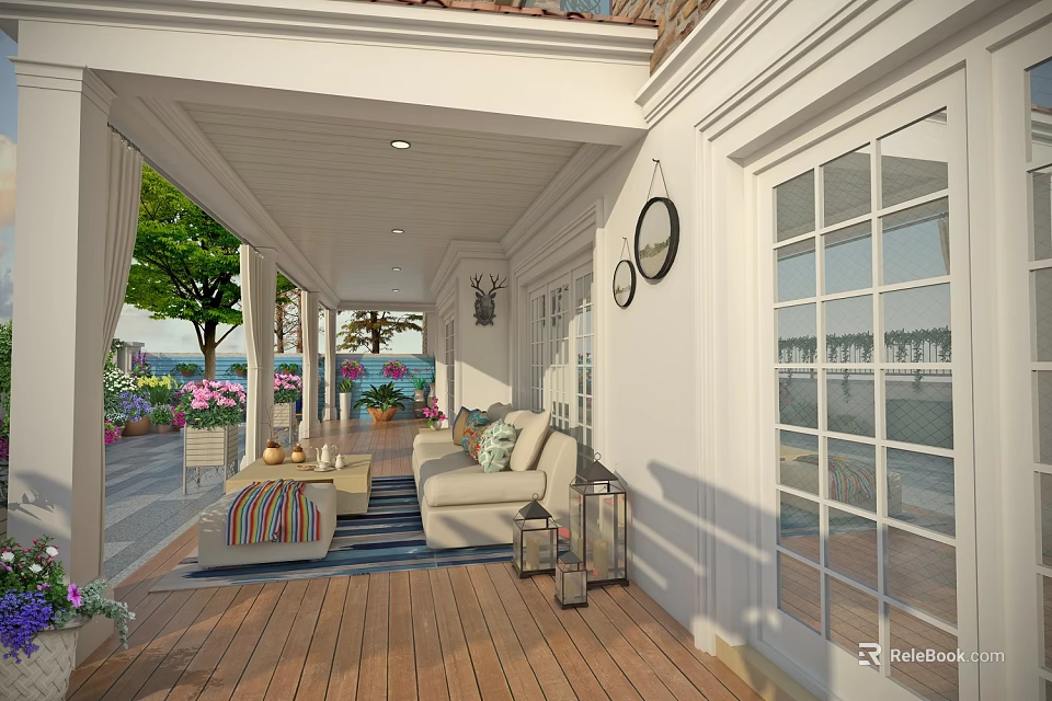 Courtyard Garden Patio With Wooden Deck Sofa Coffee Table Potted Plants And Large Windows 3d model 