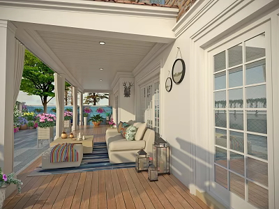 Courtyard Garden Patio With Wooden Deck Sofa Coffee Table Potted Plants And Large Windows 3d model