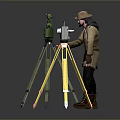 Surveying Instruments On Tripods With Surveyor In Trench Coat And Hat