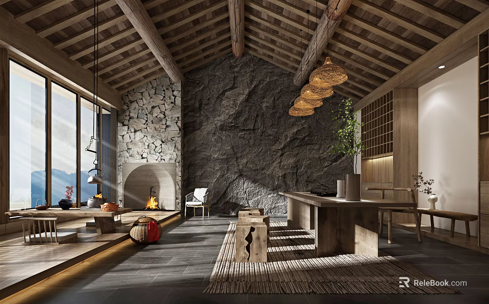 Traditional Tea Room Interior With Wooden Beams Stone Wall And Natural Light 3d model 