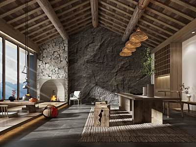 Traditional Tea Room Interior With Wooden Beams Stone Wall And Natural Light 3d model