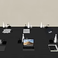 Business Meeting Table Setup With Water Bottles Laptop Documents And Tablet 3d model