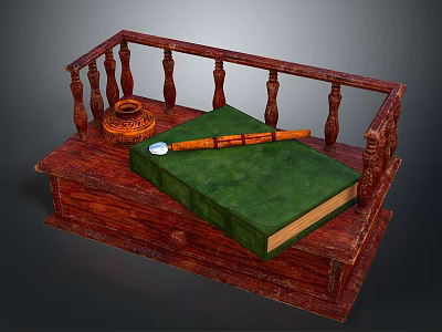 Vintage Wooden Chest With Green Cover Book Orange Pen And Woven Container 3d model
