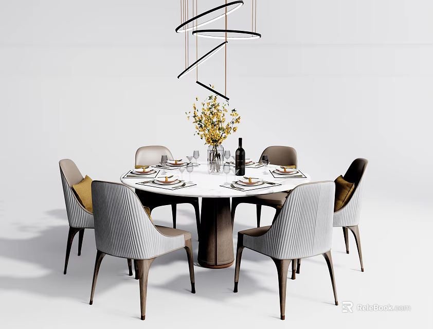Elegant Round Dining Table Set With Six Gray Beige Chairs Flower Vase And Tableware 3d model 
