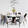 Elegant Round Dining Table Set With Six Gray Beige Chairs Flower Vase And Tableware 3d model