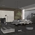 Modern Living Room with Floor-to-Ceiling Window Mountain View Sofa Coffee Table Rug Chandelier and Fireplace
