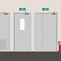 White Fire Doors With Green Exit Signs And Red Fire Extinguisher Box
