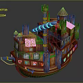 Cartoon Scene of Wooden Castle Ship with Towers Colorful Windows and Ropes