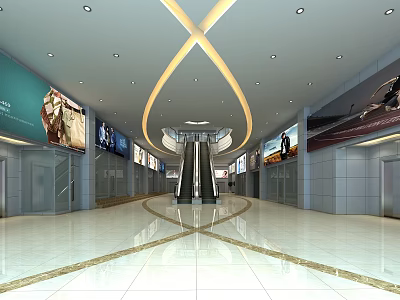 Spacious Modern Elevator Hallway With Escalators Ceiling Lights And Advertising Screens 3d model