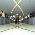 Spacious Modern Elevator Hallway With Escalators Ceiling Lights And Advertising Screens