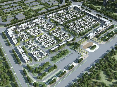 Aerial View Planning of Modern Residential Community With Green Landscape and Orderly Roads 3d model