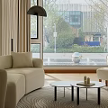 Modern Living Room with Sofa Armchair Coffee Table Area Rug Large Windows Scenic Outdoor View