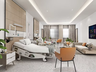 Modern Hospital Outpatient Room Interior With Medical Bed Sofa Chairs And Green Plants 3d model