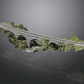 Detailed Stone Bridge Model With Multiple Arches And Surrounding Greenery