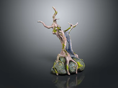 Natural Wooden Tree Root Sculpture With Stone Base And Mossy Details 3d model