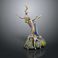 Natural Wooden Tree Root Sculpture With Stone Base And Mossy Details