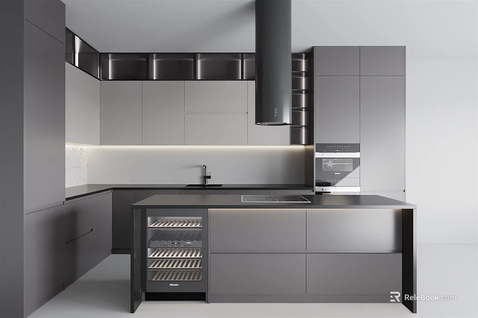 Modern Kitchen Interior With Gray Cabinets Island Sink Range Hood And Wine Storage 3d model 