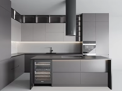 Modern Kitchen Interior With Gray Cabinets Island Sink Range Hood And Wine Storage 3d model