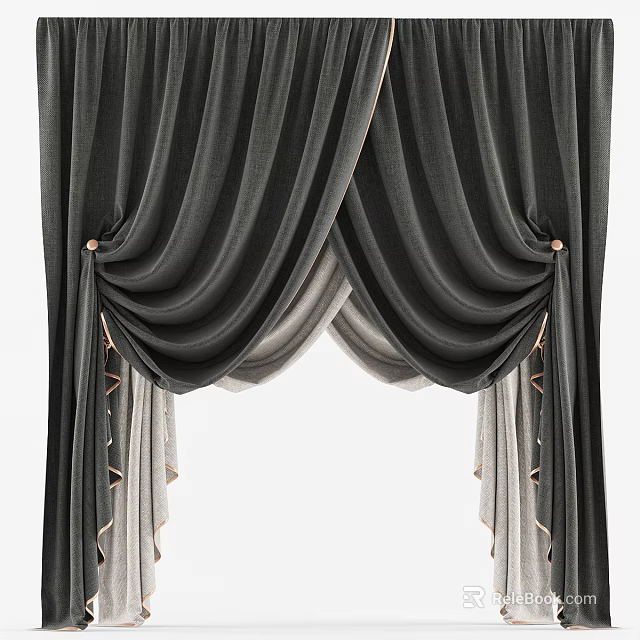 Luxurious Dark Gray Striped Curtains With Decorative Tiebacks And Draped Top Design 3d model 