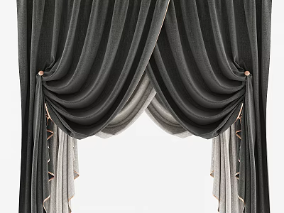 Luxurious Dark Gray Striped Curtains With Decorative Tiebacks And Draped Top Design 3d model