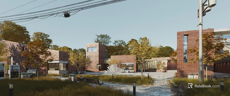 Modern Red Brick Office Building Open Courtyard With Trees Benches And Greenery 3d model 