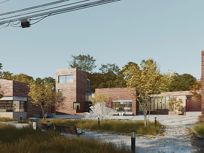 Modern Red Brick Office Building Open Courtyard With Trees Benches And Greenery 3d model