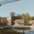Modern Red Brick Office Building Open Courtyard With Trees Benches And Greenery