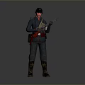 Militant Character In Dark Uniform With Red Gear Holding Rifle On Gray Background