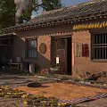Rural Countryside Landscape With Traditional Brick House Tiled Roof Yard Tables And Dried Crops