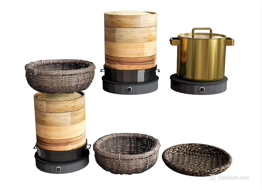 Diverse Kitchen Utensils Including Bamboo Steamers Brass Pot And Wicker Storage Baskets 3d model 