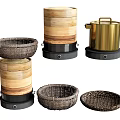 Diverse Kitchen Utensils Including Bamboo Steamers Brass Pot And Wicker Storage Baskets