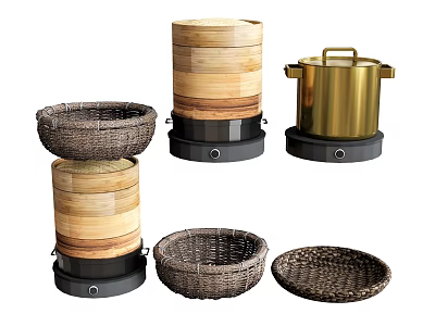 Diverse Kitchen Utensils Including Bamboo Steamers Brass Pot And Wicker Storage Baskets 3d model