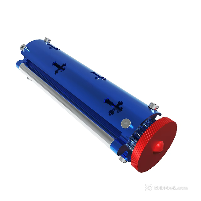Blue Cylindrical Mechanical Device With Red End Silver Bolts And Black Cross Markings 3d model 
