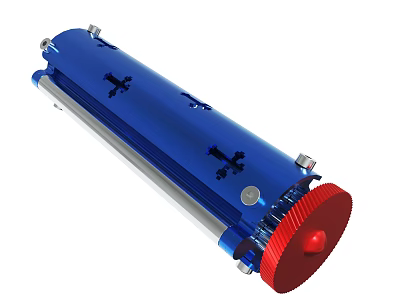 Blue Cylindrical Mechanical Device With Red End Silver Bolts And Black Cross Markings 3d model
