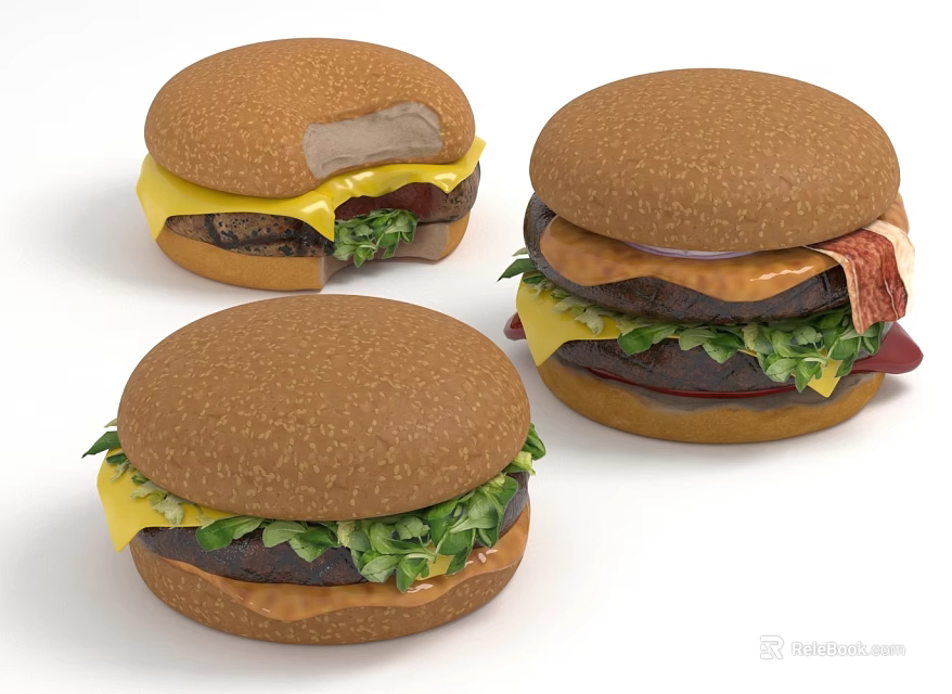 Three Delicious Hamburgers with Bite Mark And Fresh Ingredients Bread Patty Lettuce Cheese And Sauce 3d model 