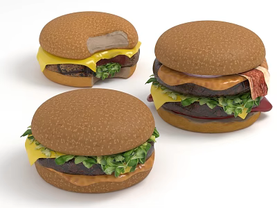 Three Delicious Hamburgers with Bite Mark And Fresh Ingredients Bread Patty Lettuce Cheese And Sauce 3d model