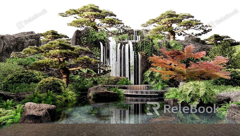 New Chinese-style rockery waterscape falling water landscape overlapping rockery stone welcome pine plant combination plant pile flowers and plants model