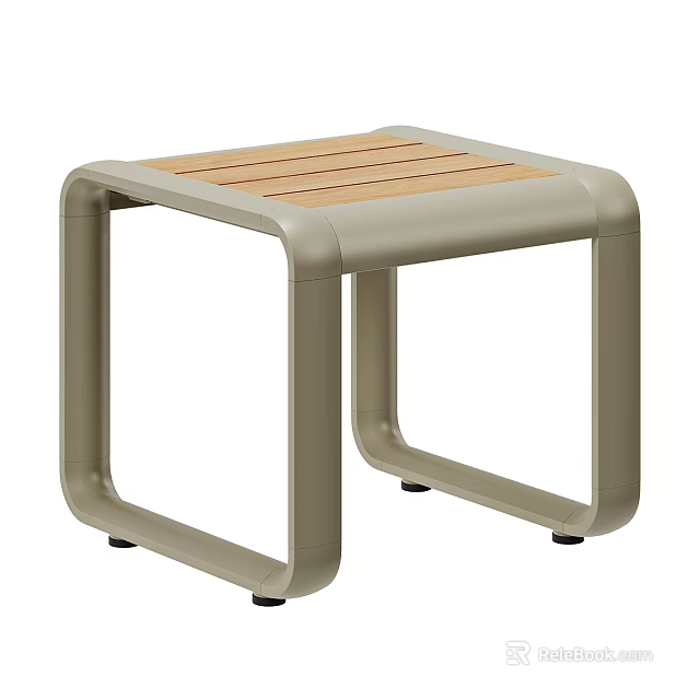 Modern Slatted Wooden Seat Stool With Light Beige Metal Frame Design 3d model 