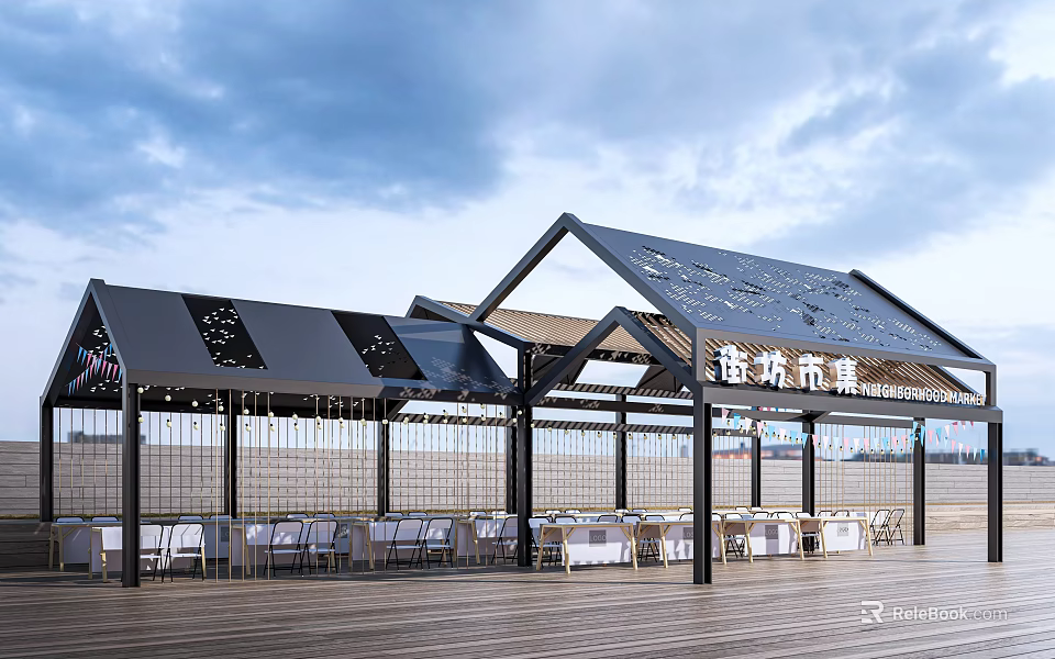 Commercial Street Outdoor Dining Area With Wooden Deck Seating And Shaded Roof Structure 3d model 