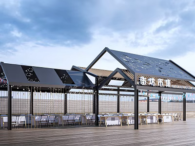 Commercial Street Outdoor Dining Area With Wooden Deck Seating And Shaded Roof Structure 3d model