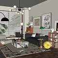 Modern Living Room Interior With Sofa Area Rug Chandelier Plants And Wall Art