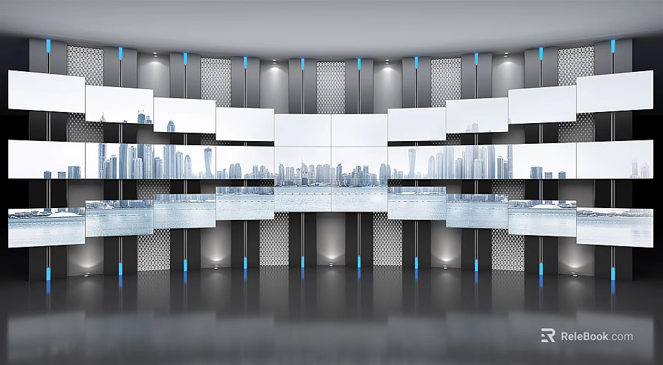 Modern Public Facility Lobby With Digital Screens And Blue Lighting Design 3d model 