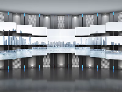 Modern Public Facility Lobby With Digital Screens And Blue Lighting Design 3d model