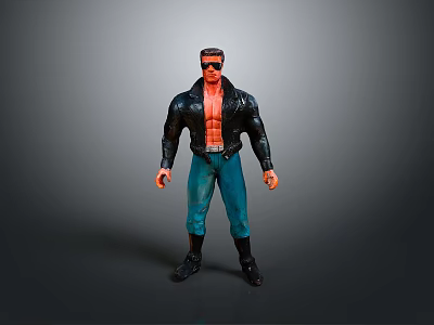 Muscular Action Figure With Open Chest Black Leather Jacket Blue Pants Sunglasses And Black Shoes 3d model